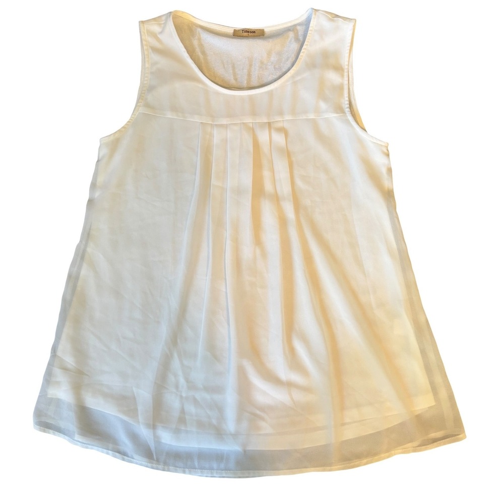 Timeson Womens White Sleeveless Pleated Chiffon Blouse‎ Top Size Large